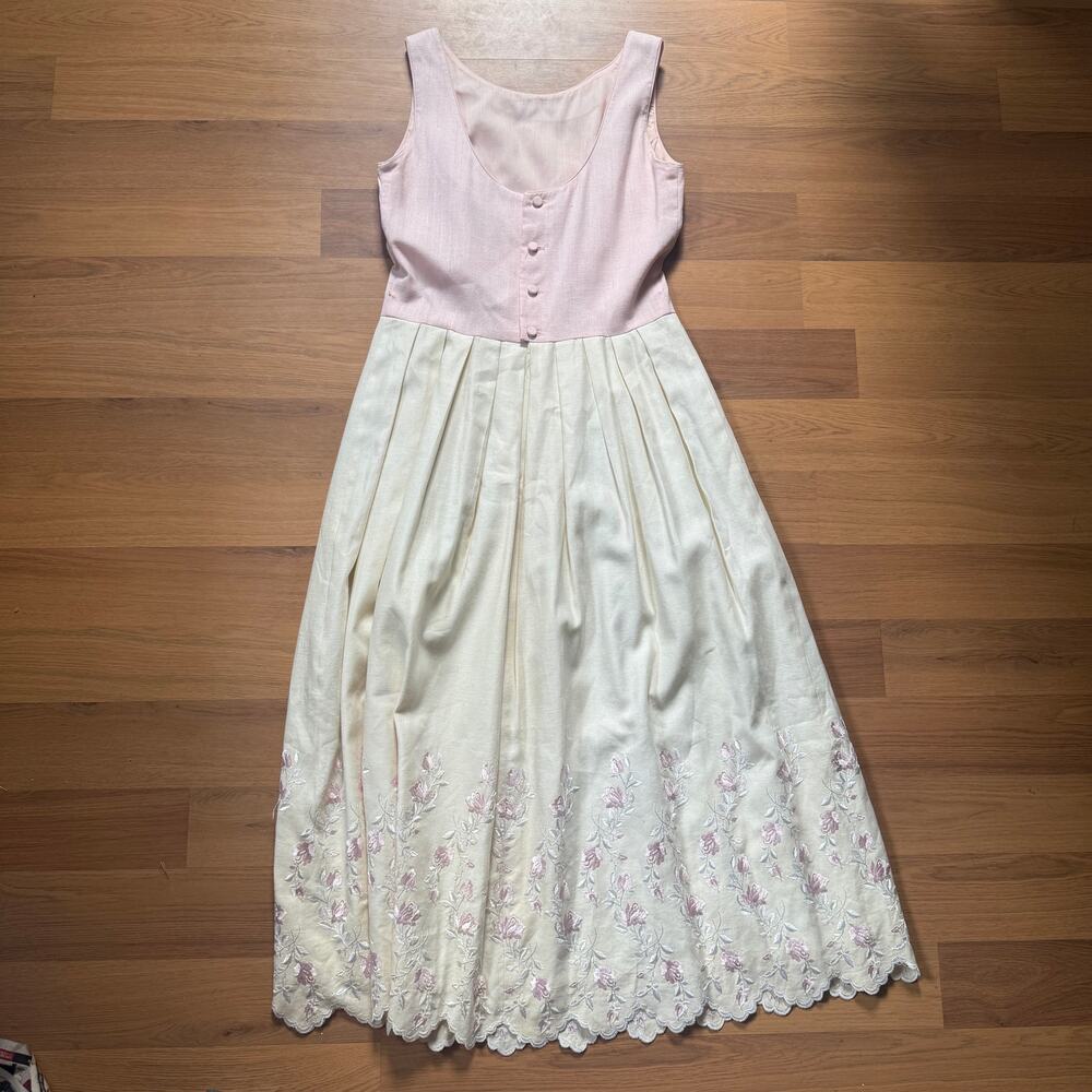 Women's Vintage 1980's Lanz Originals Pink White Embroidered Floral Dress Sz 10